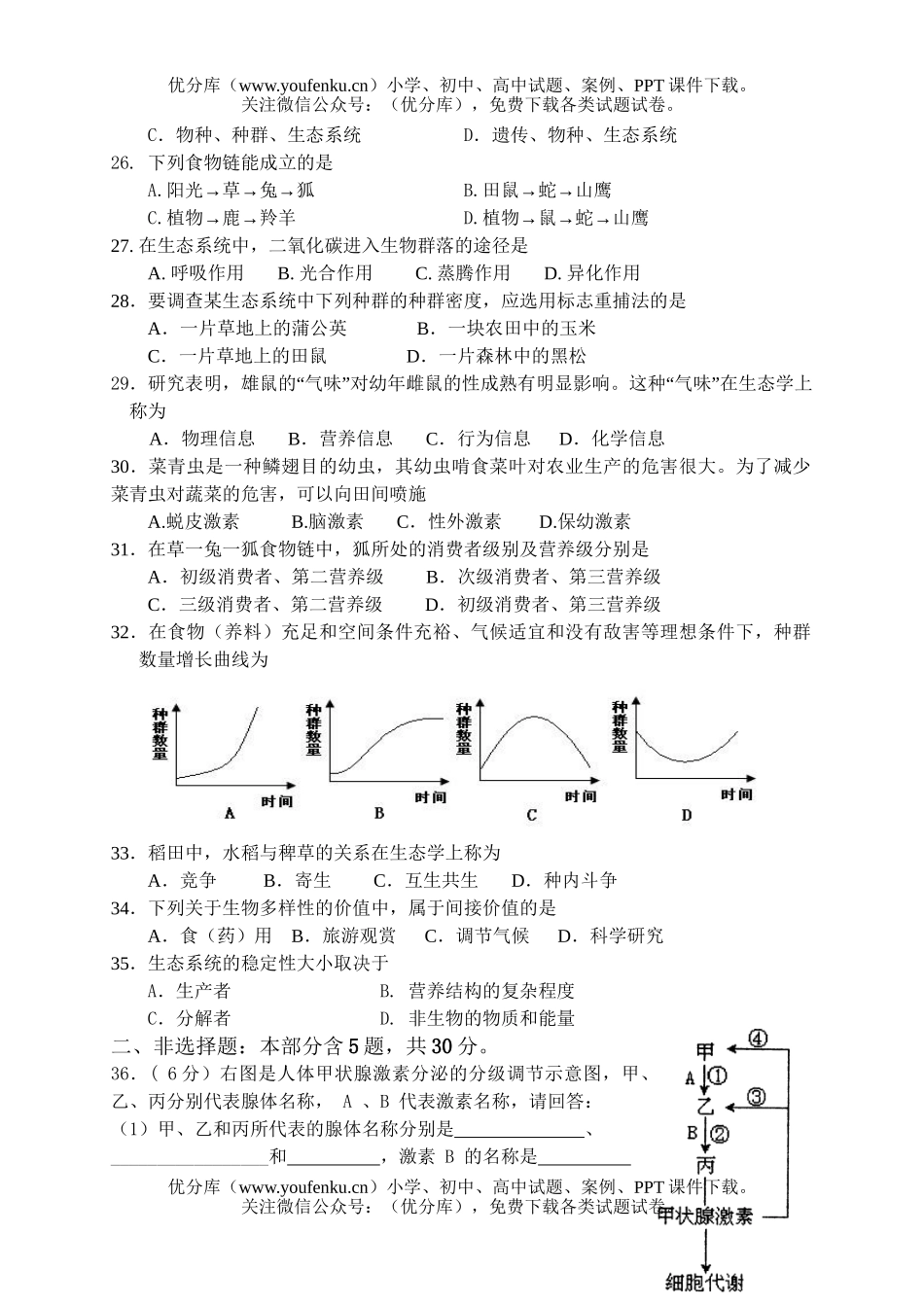 高中二年级生物必修3综合练习试卷_第3页