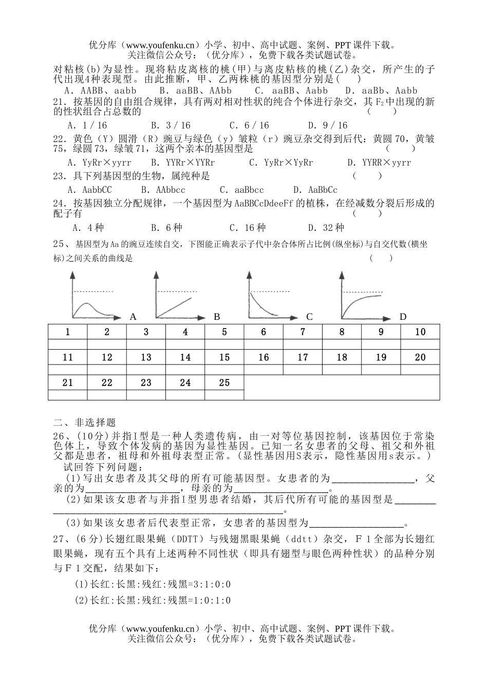 高中二年级生物遗传因子的发现单元练习试卷_第3页