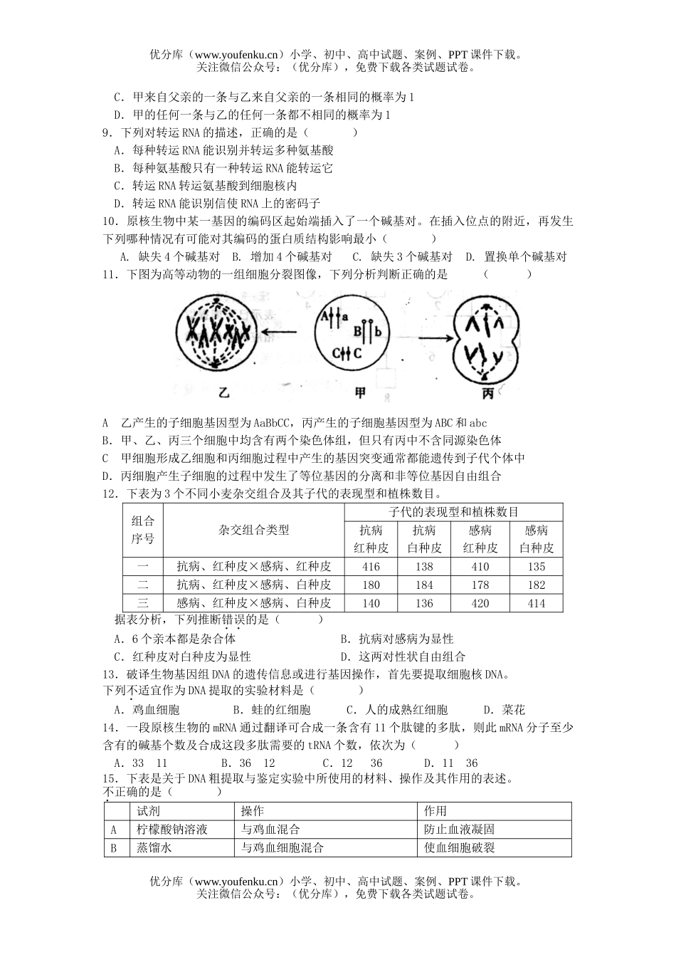 高中二年级生物遗传与进化模块测试卷_第2页