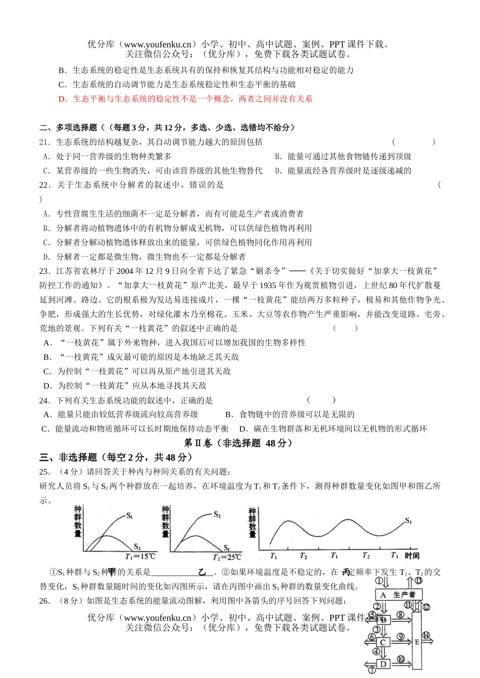 高中二年级生物稳态与环境测试卷_第3页