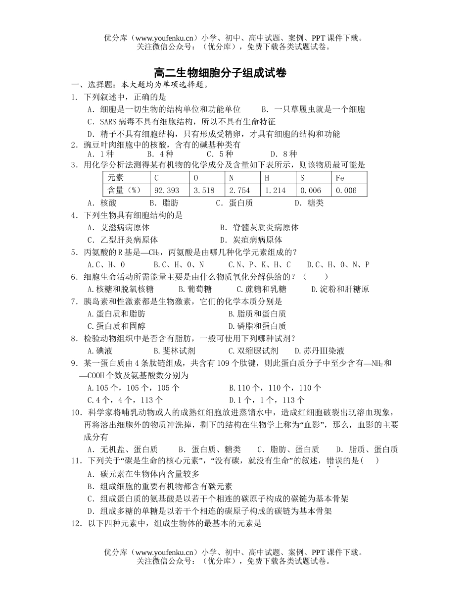 高中二年级生物细胞分子组成试卷_第1页
