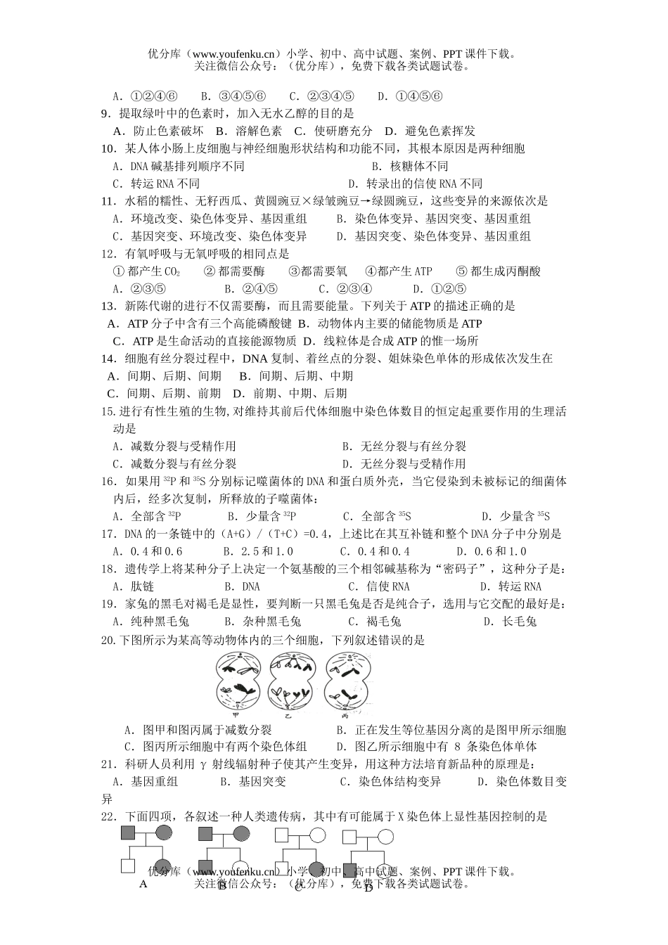 高中二年级生物遗传与进化重点知识试卷_第1页