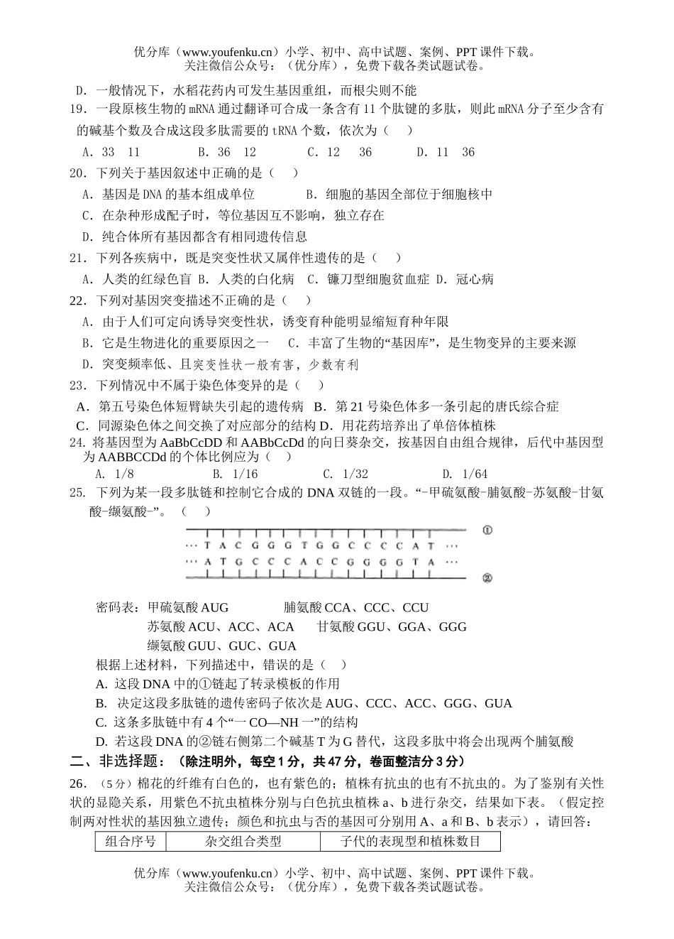 高中二年级生物遗传与进化检测试卷_第3页