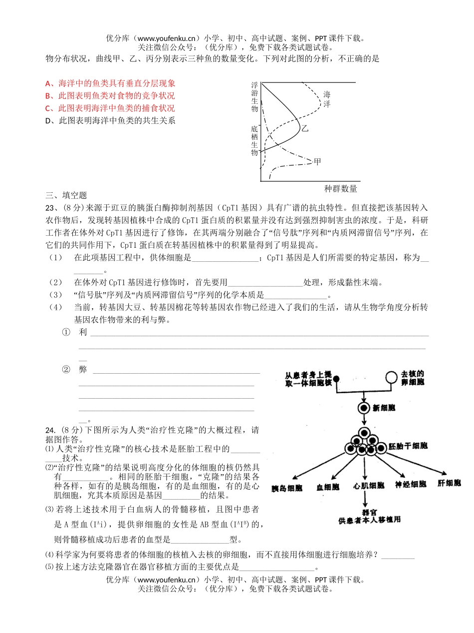 高中二年级生物选修3专题4和专题5测验试卷_第3页