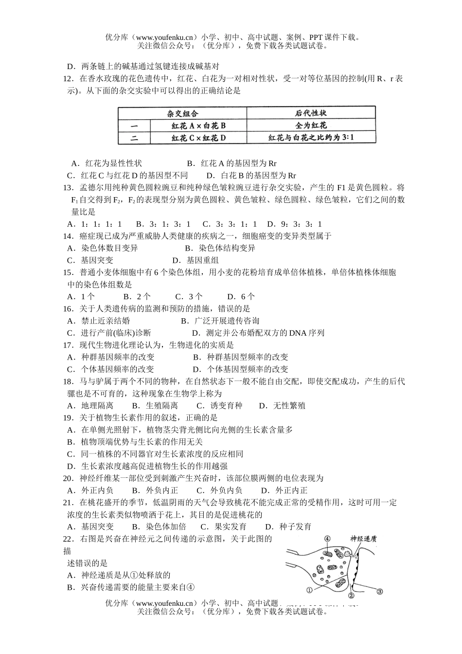 高中二年级生物证书会考试卷_第2页