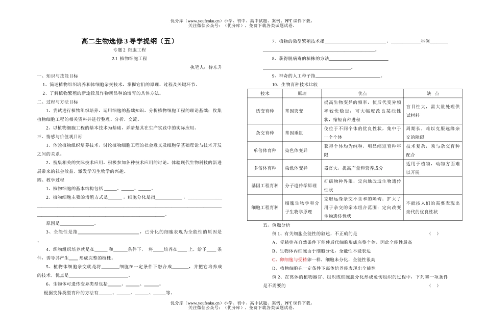 高中二年级生物选修3导学提纲5试卷_第1页