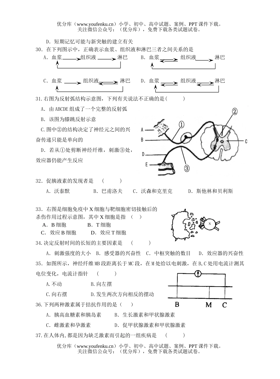 高中二年级生物必修3第1—2章月考试卷_第3页