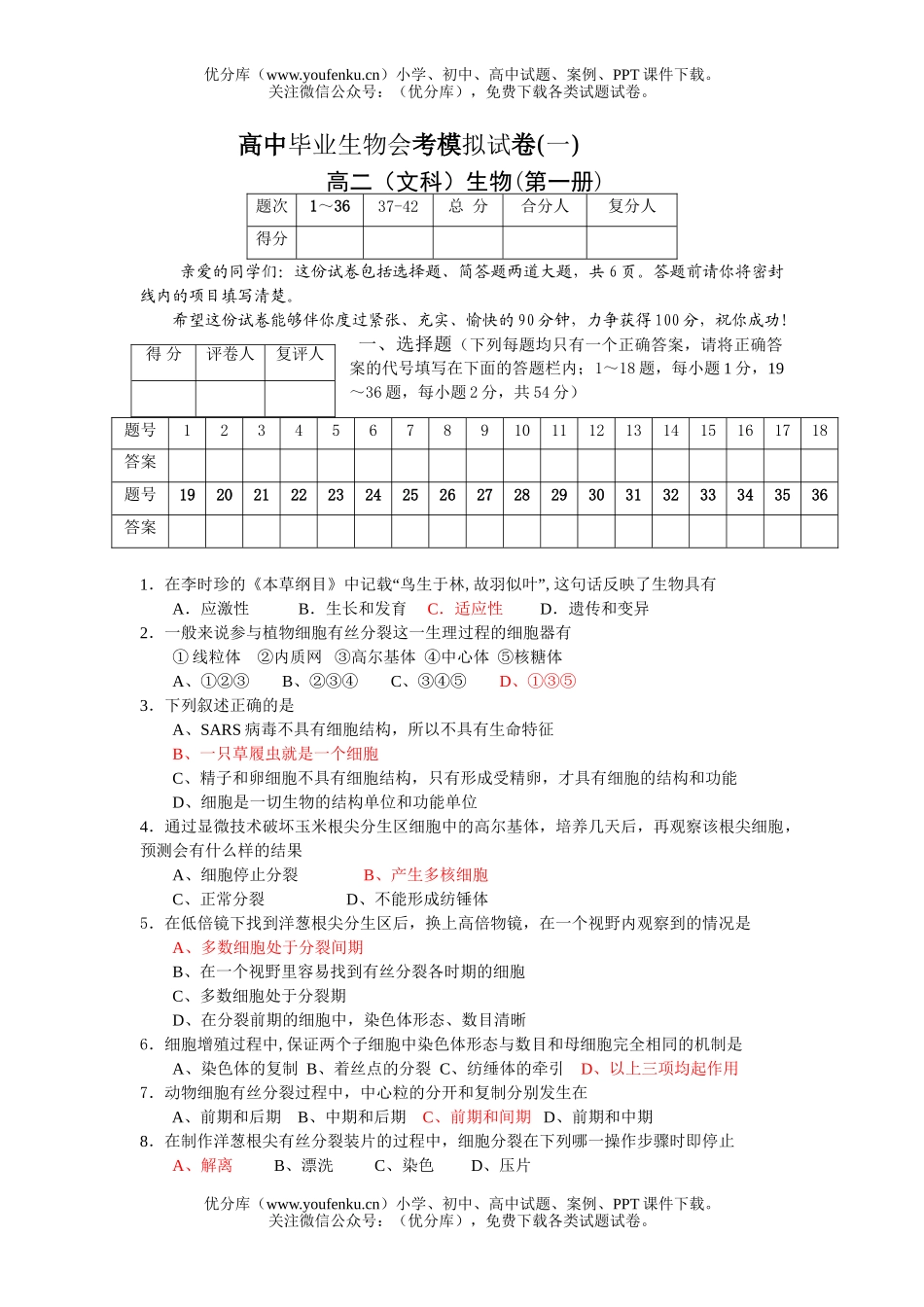 高中二年级生物毕业会考模拟试卷_第1页