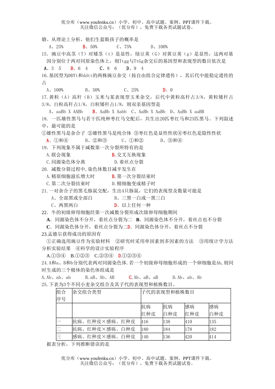高中二年级生物必修2第1-2章月考测试卷_第2页