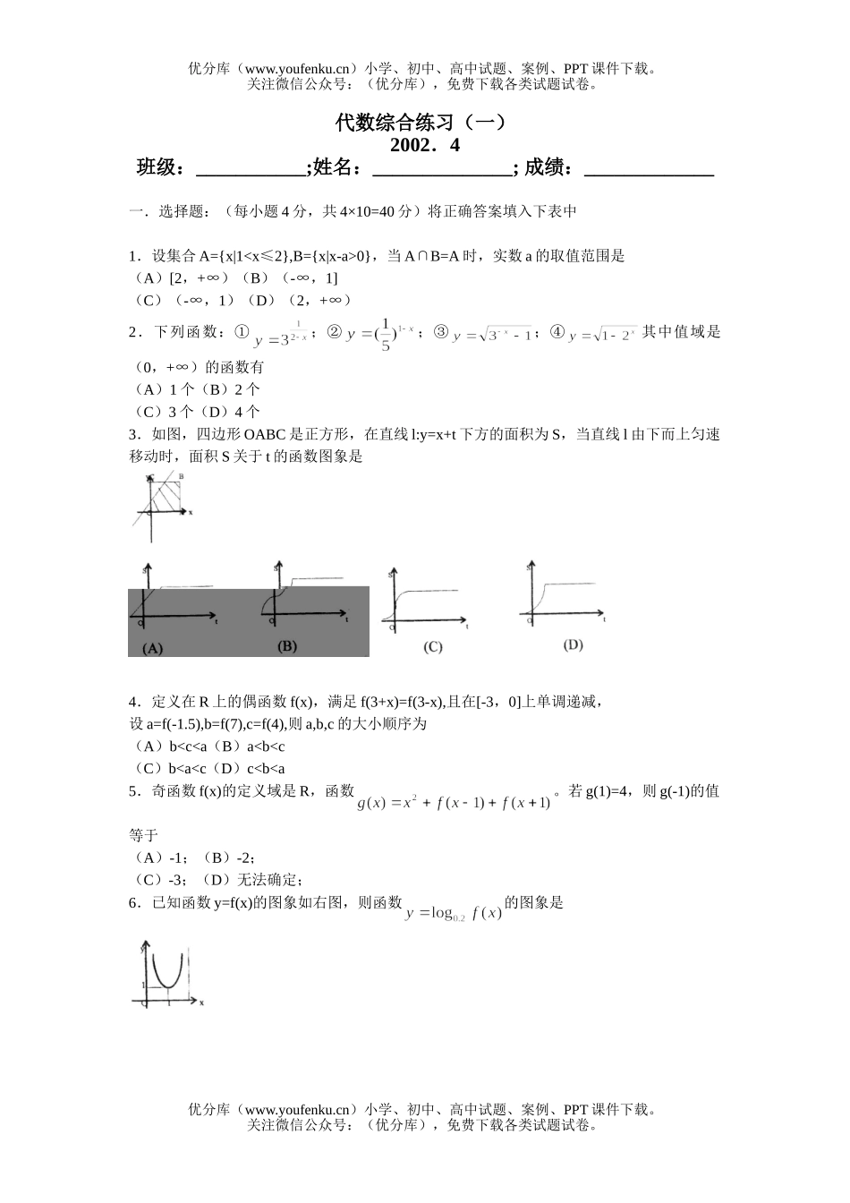 高中三年级数学代数综合复习(一)试卷_第1页