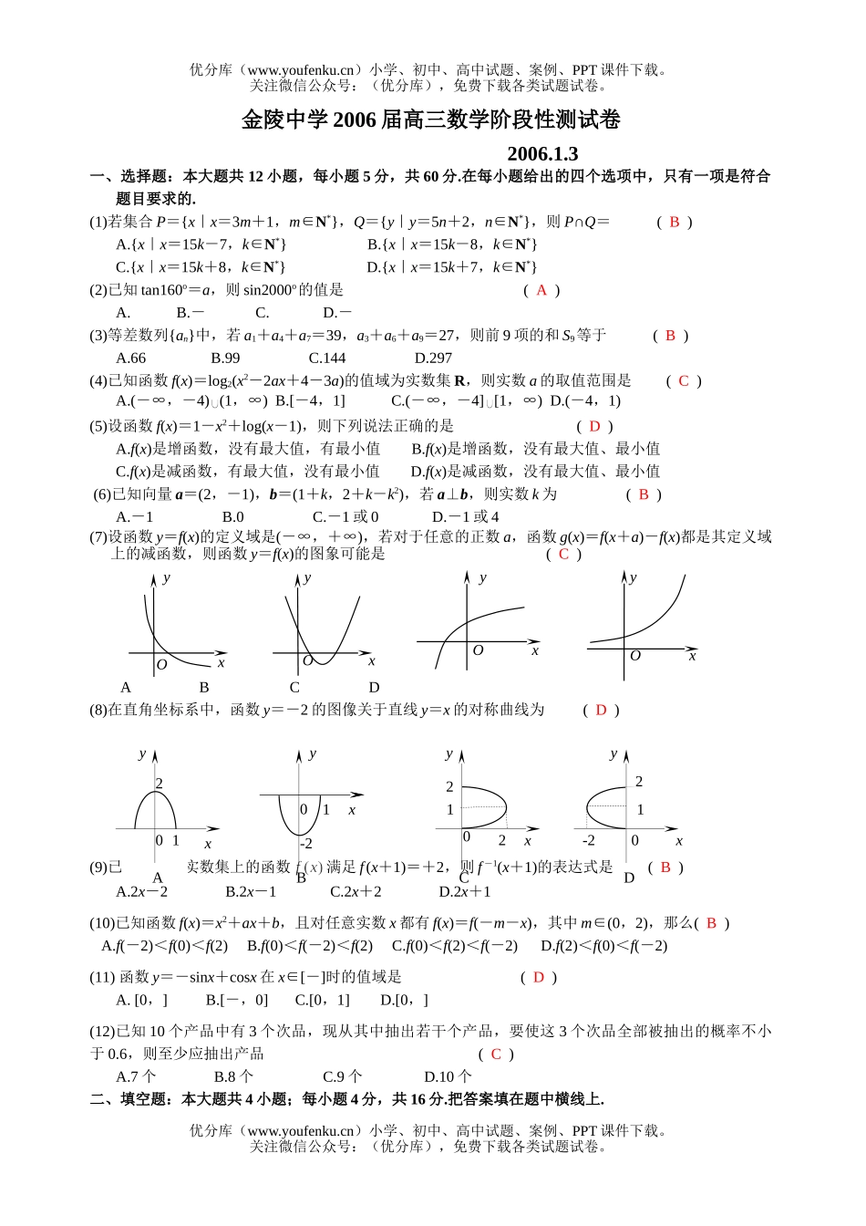 高中三年级数学金陵中学阶段性测试卷_第1页
