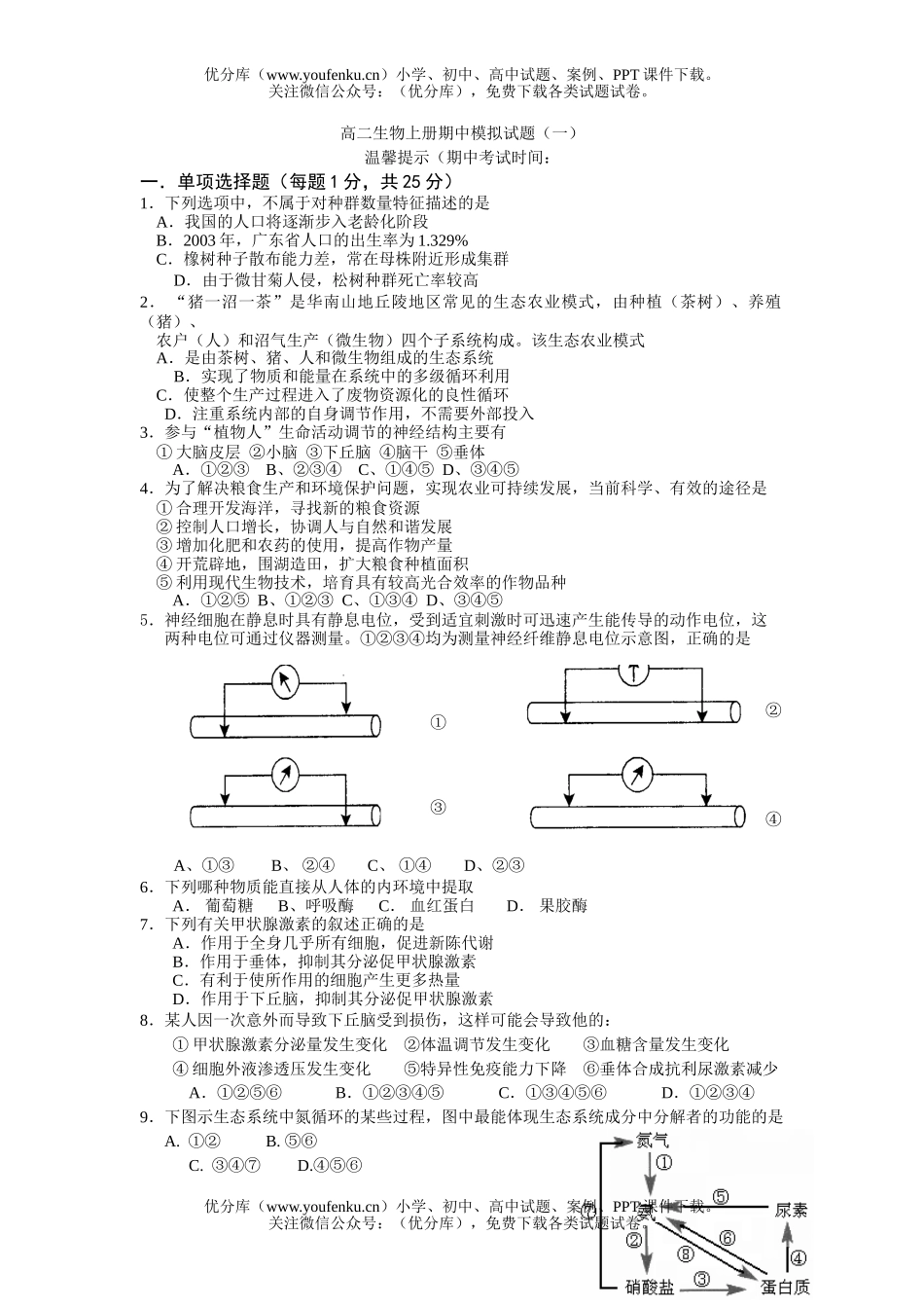 高中二年级生物上册期中模拟1试卷_第1页