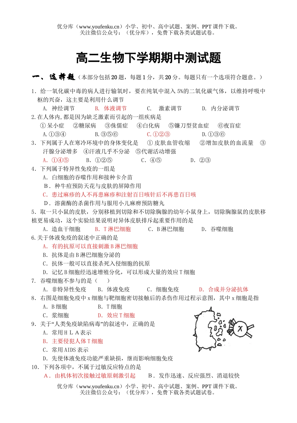 高中二年级生物下学期期中测试卷_第1页