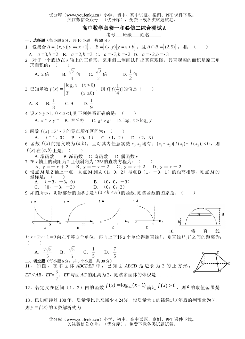 高中三年级数学必修一和必修二综合测试A试卷_第1页