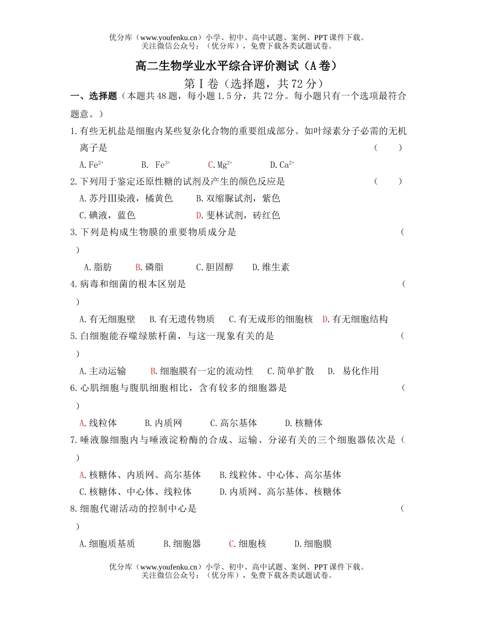 高中二年级生物学业水平综合评价测试卷_第1页