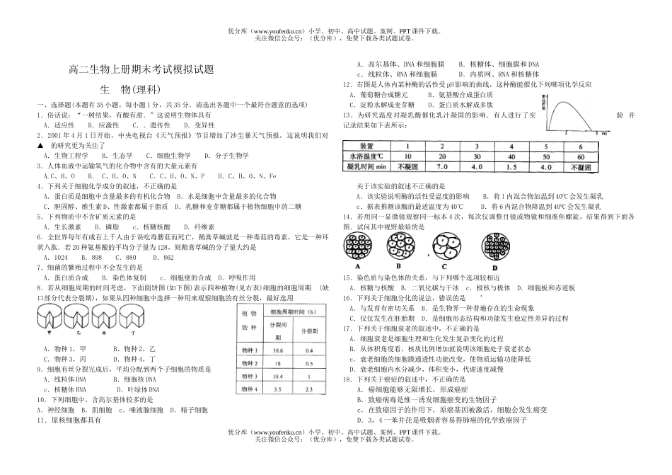 高中二年级生物上册期末考试模拟试卷_第1页