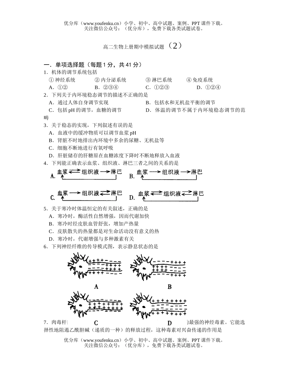高中二年级生物上册期中模拟2试卷_第1页