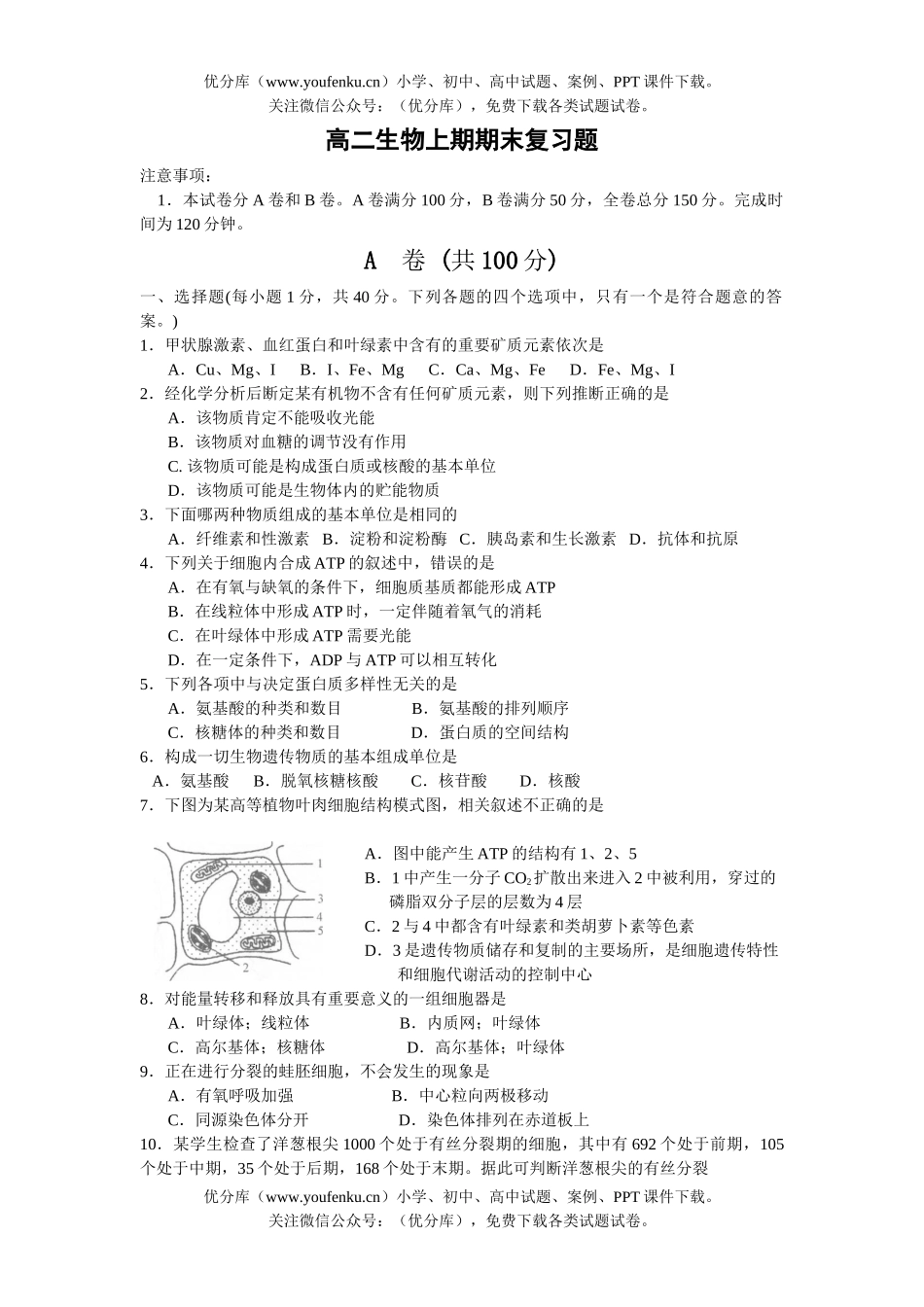 高中二年级生物上期期末复习题试卷_第1页
