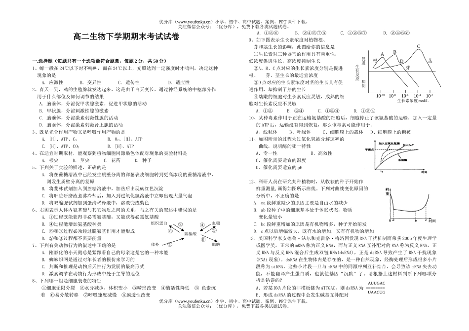 高中二年级生物下学期期末考试卷_第1页