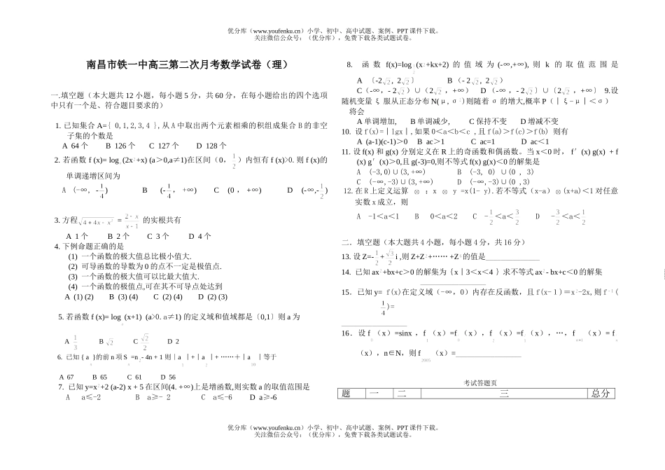高中三年级数学南昌市铁一中第二次月考试卷_第1页