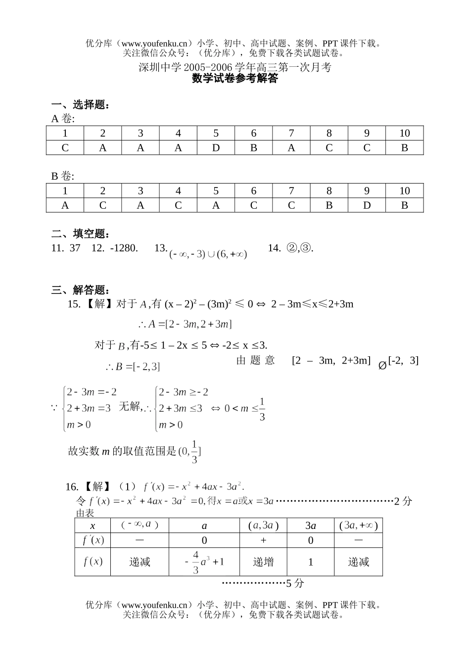 高中三年级数学2006学年第一次月考参考解答试卷_第1页
