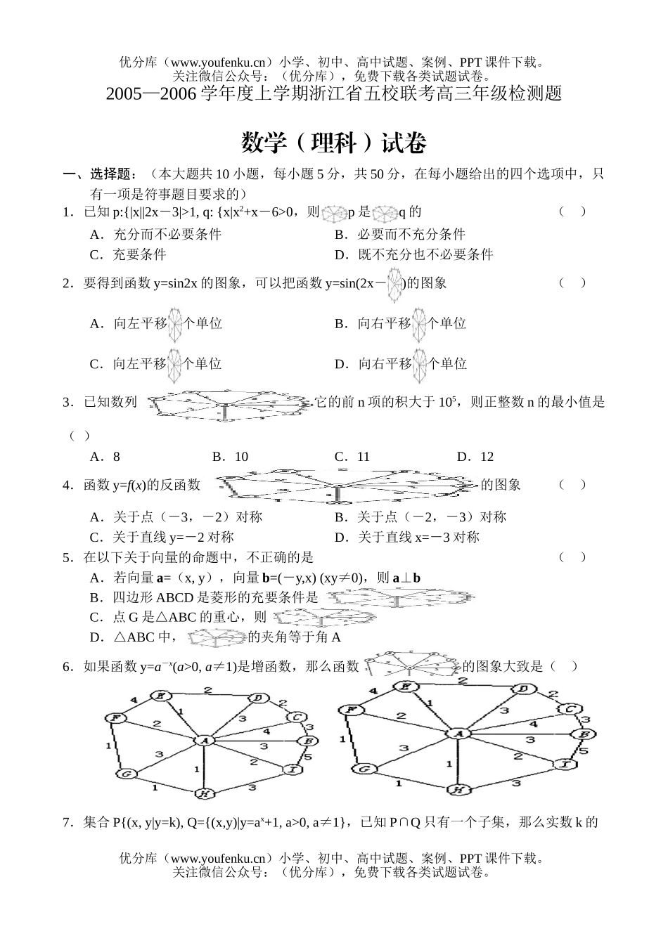 高中三年级数学2006学年度上学期浙江五校联考高检测题(理科)试卷_第1页