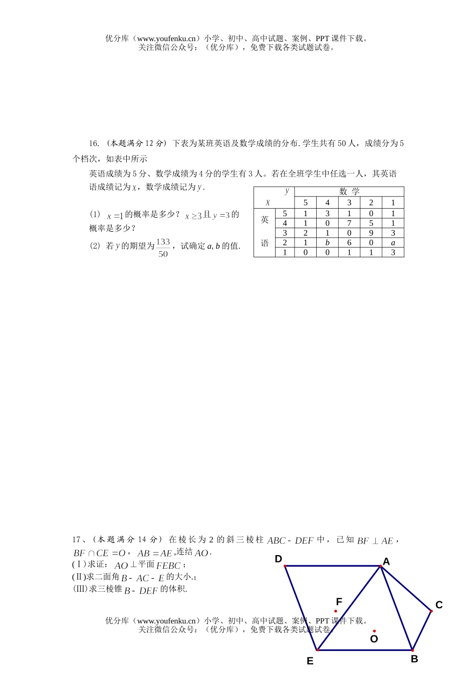 高中三年级数学综合测(二)理科试卷_第3页