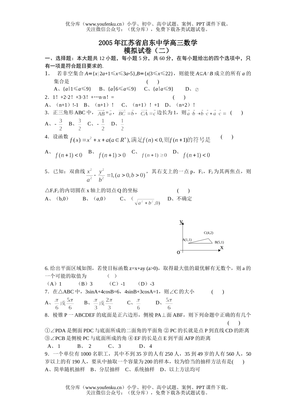 高中三年级数学江苏省启东中学模拟试卷_第1页