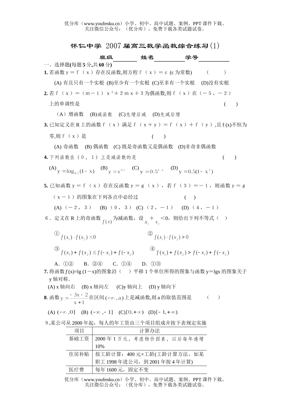 高中三年级数学函数综合练习1试卷_第1页