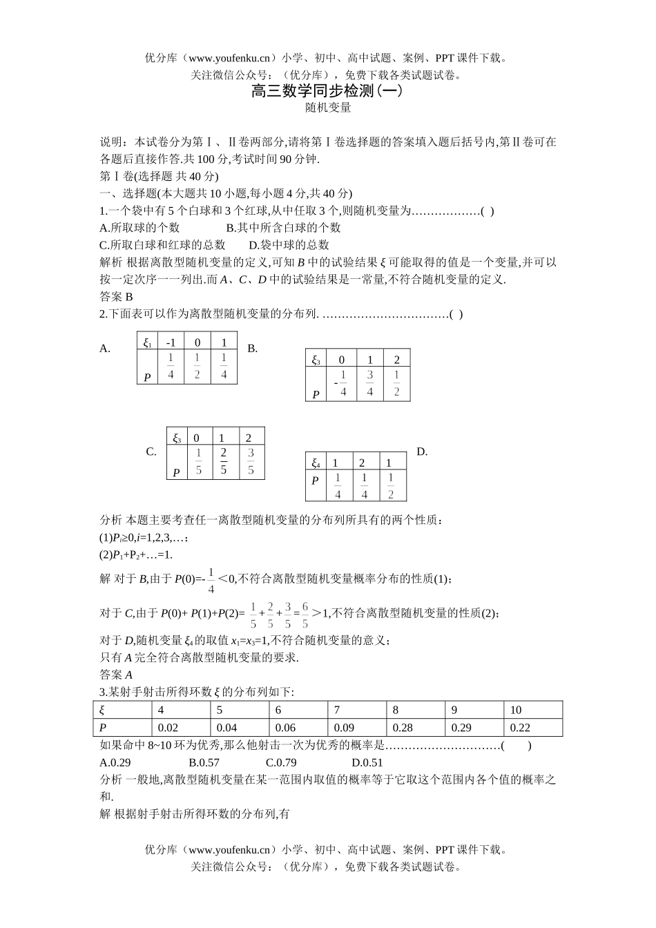 高中三年级数学上学期同步测控优化训练 随机变量(附答案)试卷_第1页