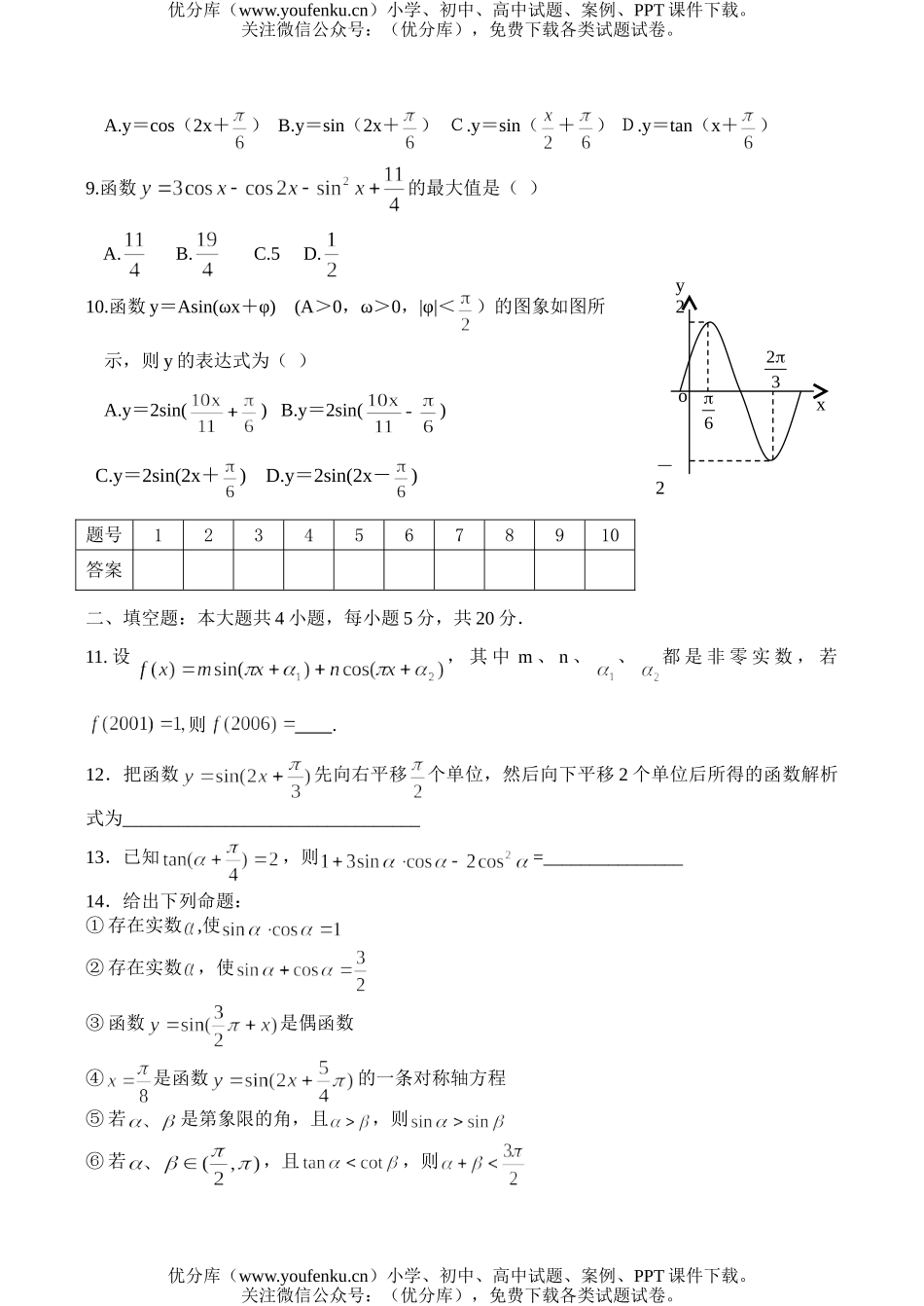 高中三年级数学福州侨中第一学期三角函数单元考试卷_第2页