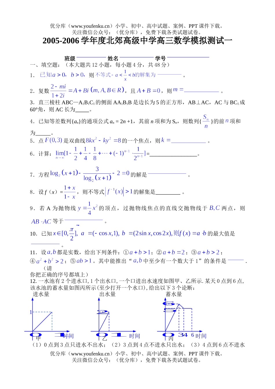 高中三年级数学北郊高级中学模拟测试卷_第1页