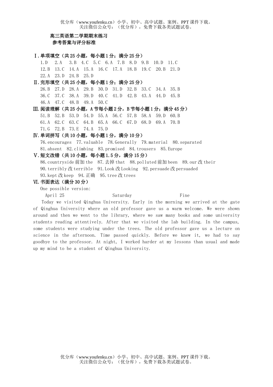 高中三年级英语第二学期期末练习参考答案与评分标准试卷_第1页