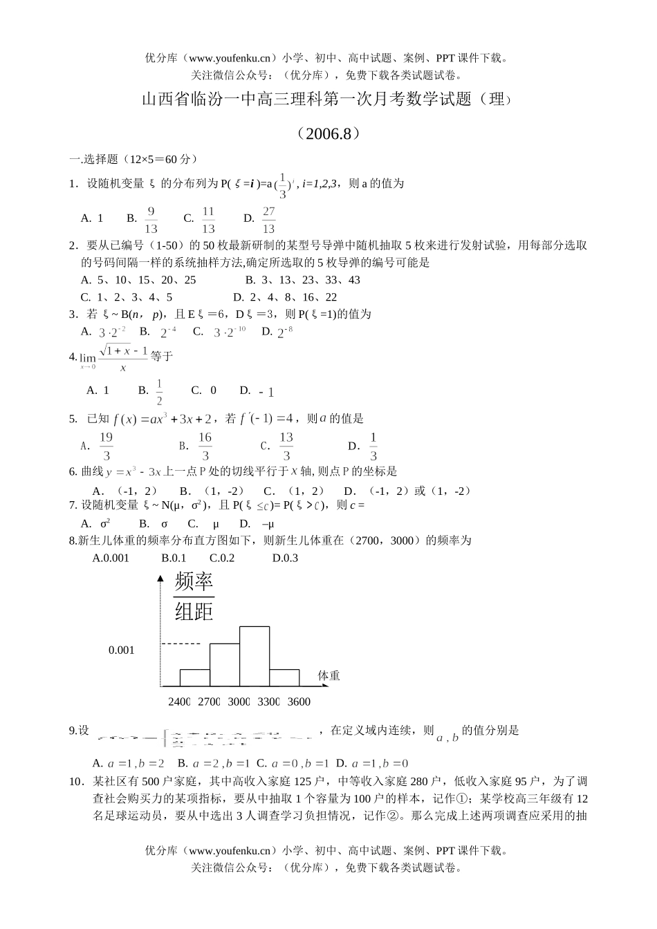 高中三年级数学山西省临汾一中理科第一次月考试卷_第1页