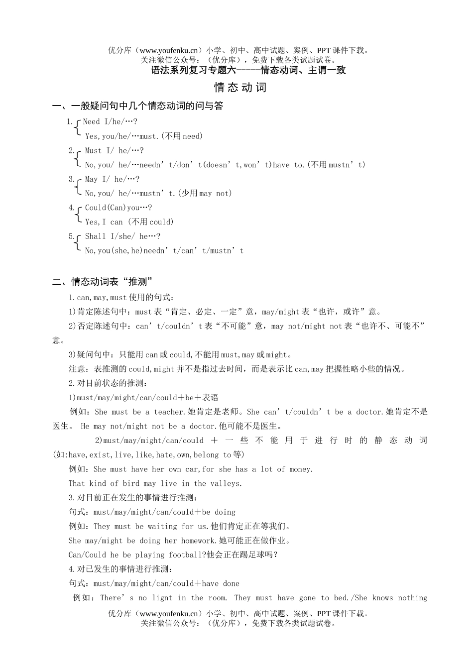 高中三年级英语语法系列复习专题六情态动词、主谓一致试卷_第1页