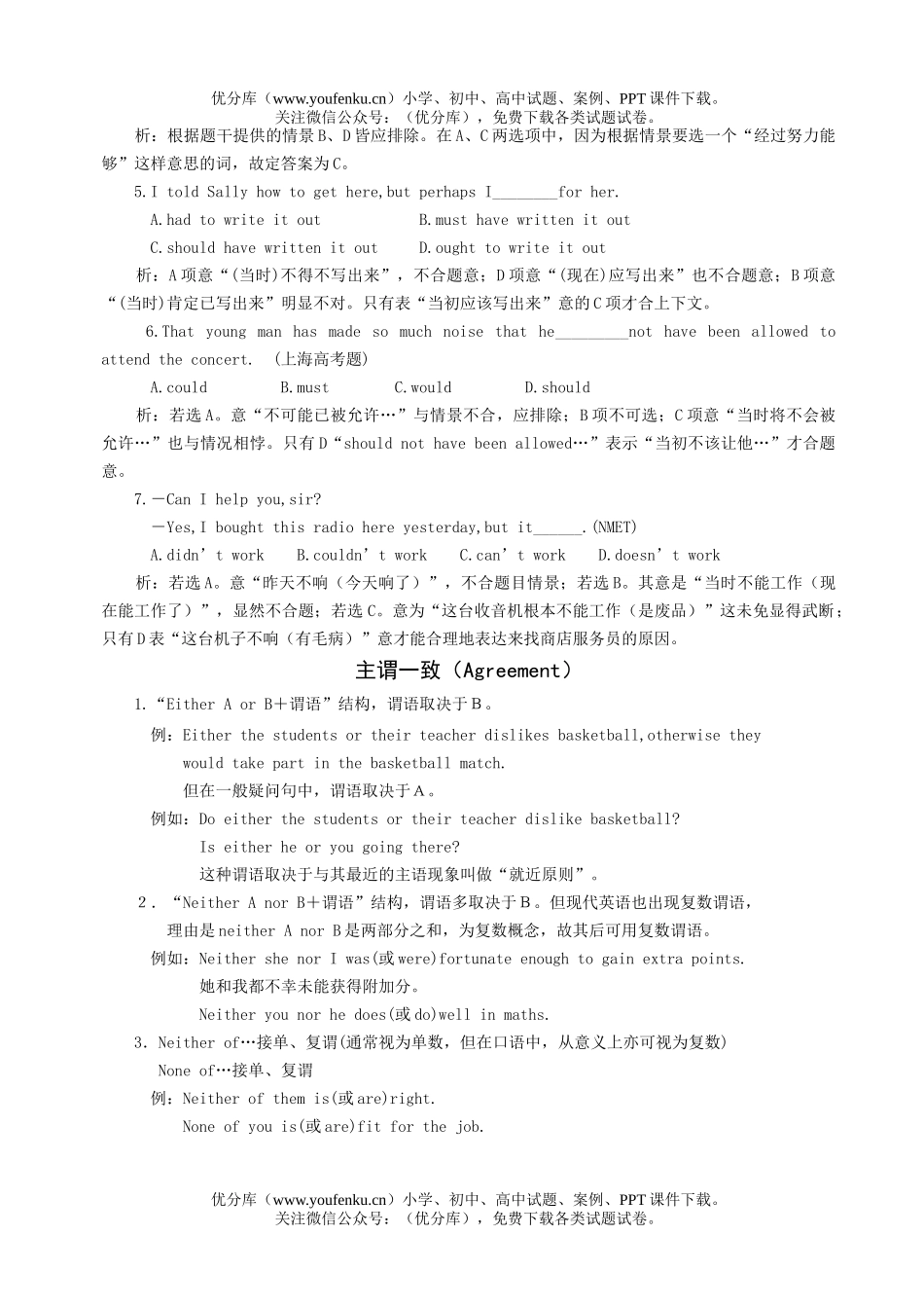 高中三年级英语语法系列复习专题六情态动词、主谓一致试卷_第2页
