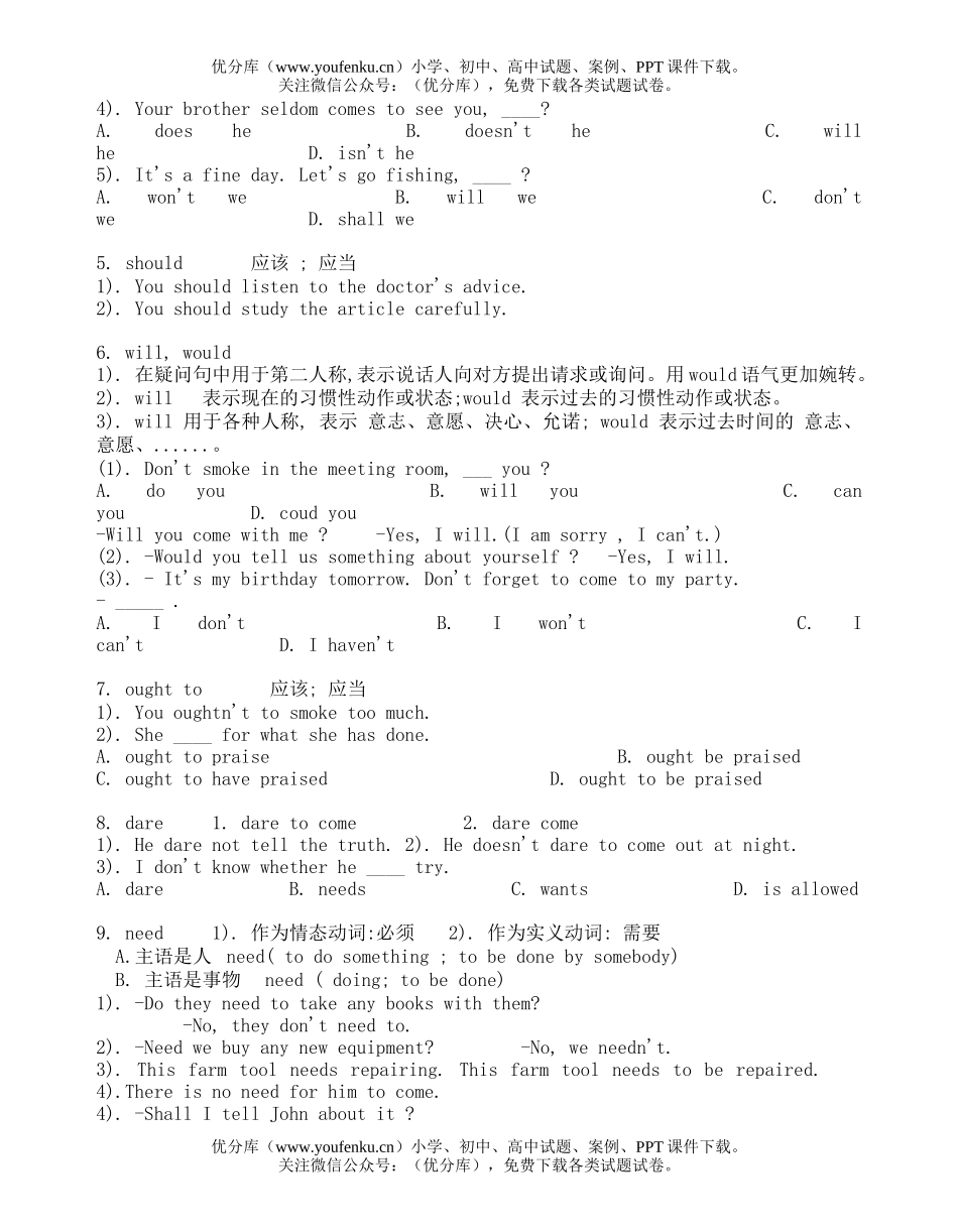高中三年级英语MODAL VERBS(情态动词)复习讲稿试卷_第1页