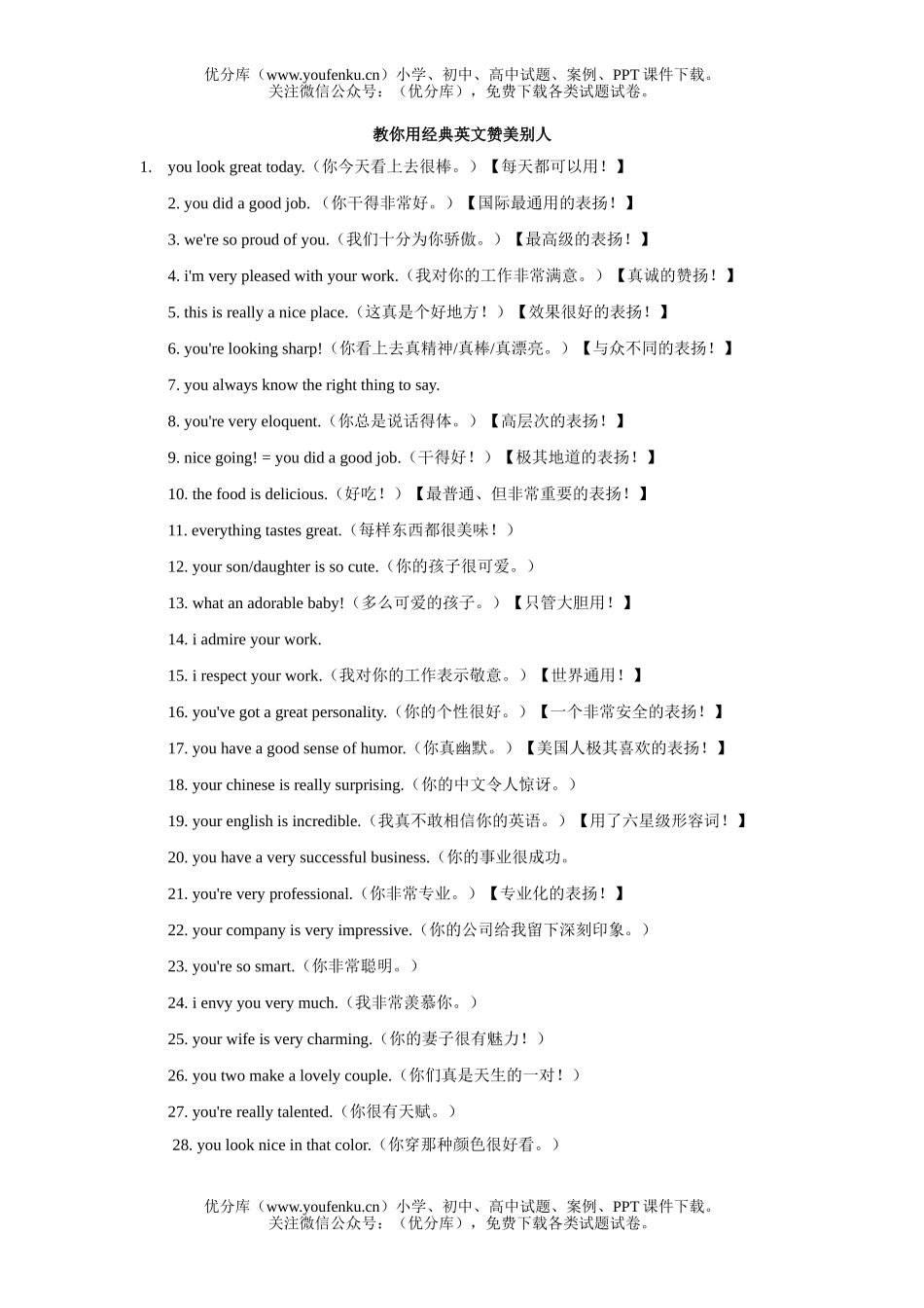 高中三年级英语教你用经典英文赞美别人试卷_第1页