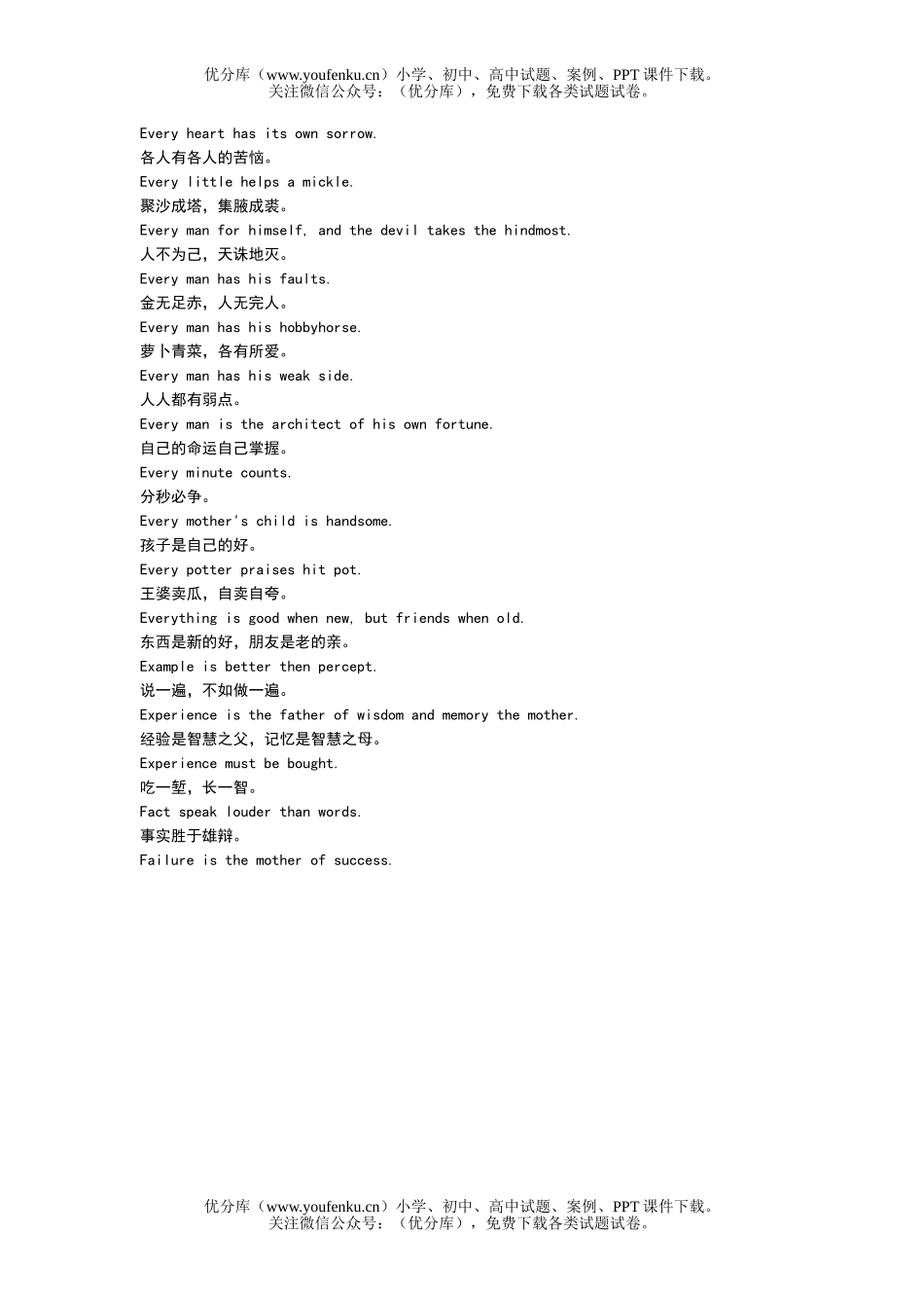 高中三年级英语中英谚语对比试卷_第1页