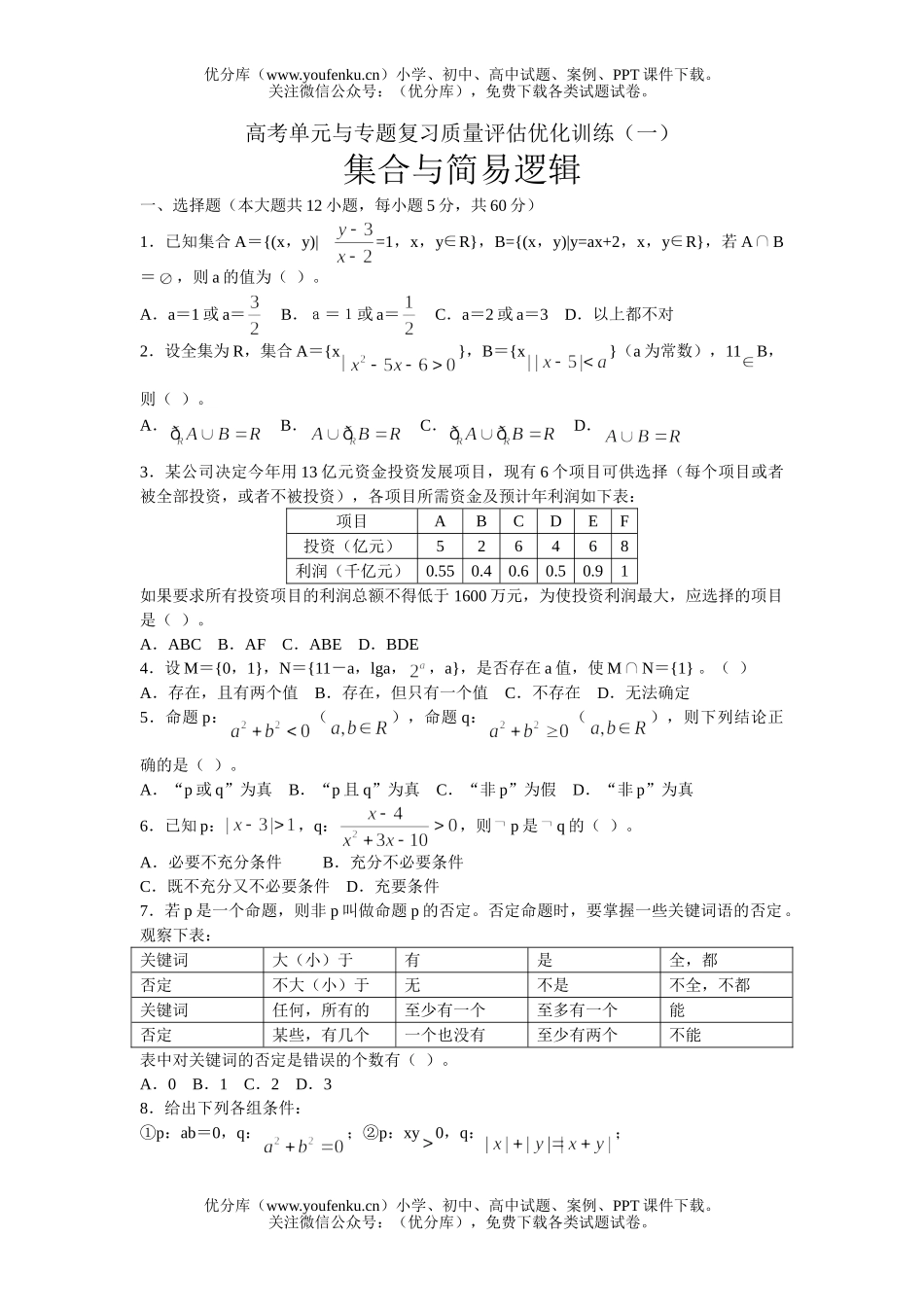 高中三年级数学集合与简易逻辑试卷_第1页