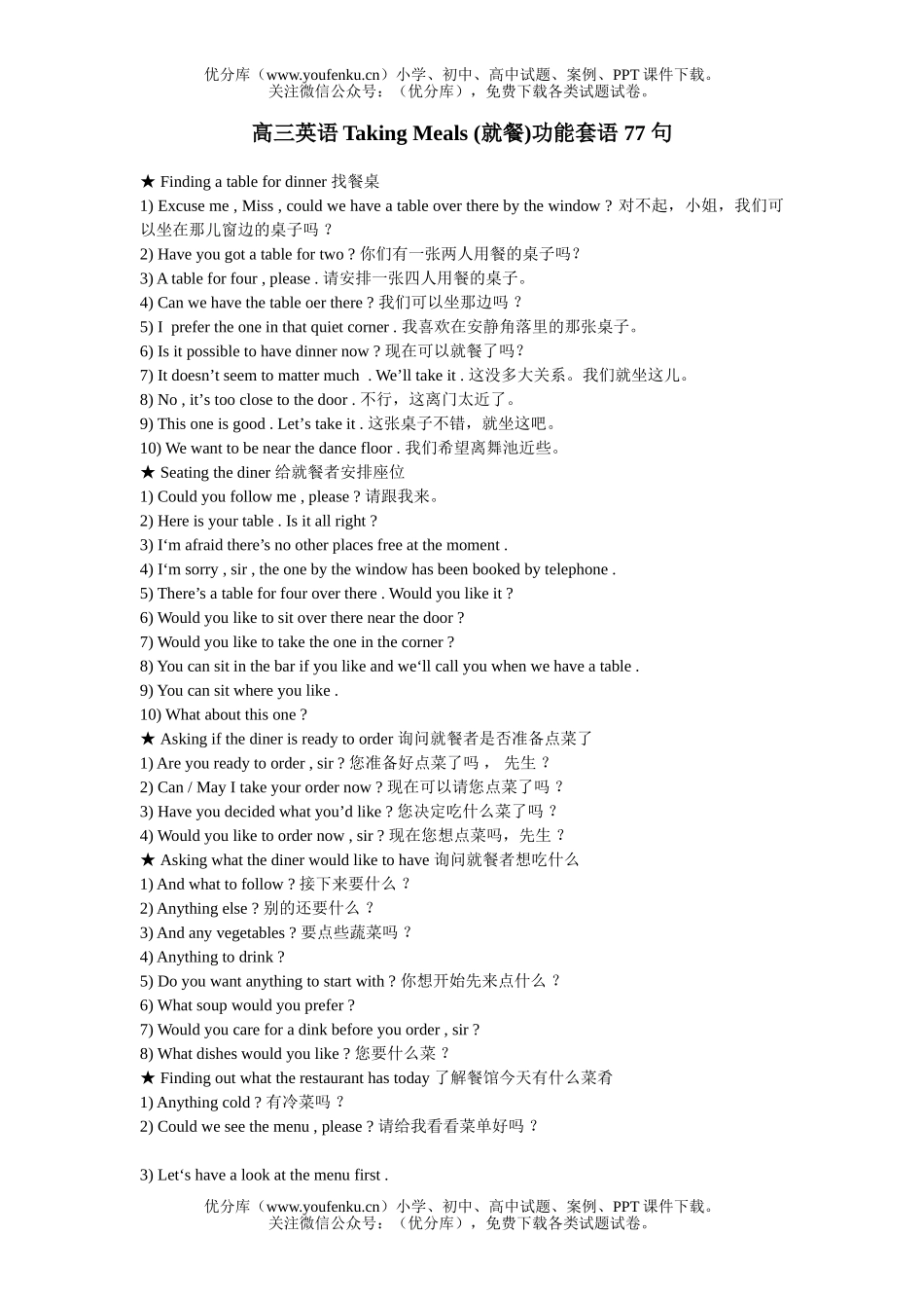 高中三年级英语Taking Meals (就餐)功能套语 77 句试卷_第1页