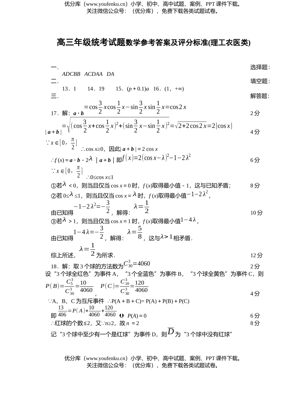 高中三年级数学高统考参考答案及评分标准(理工农医类)试卷_第1页