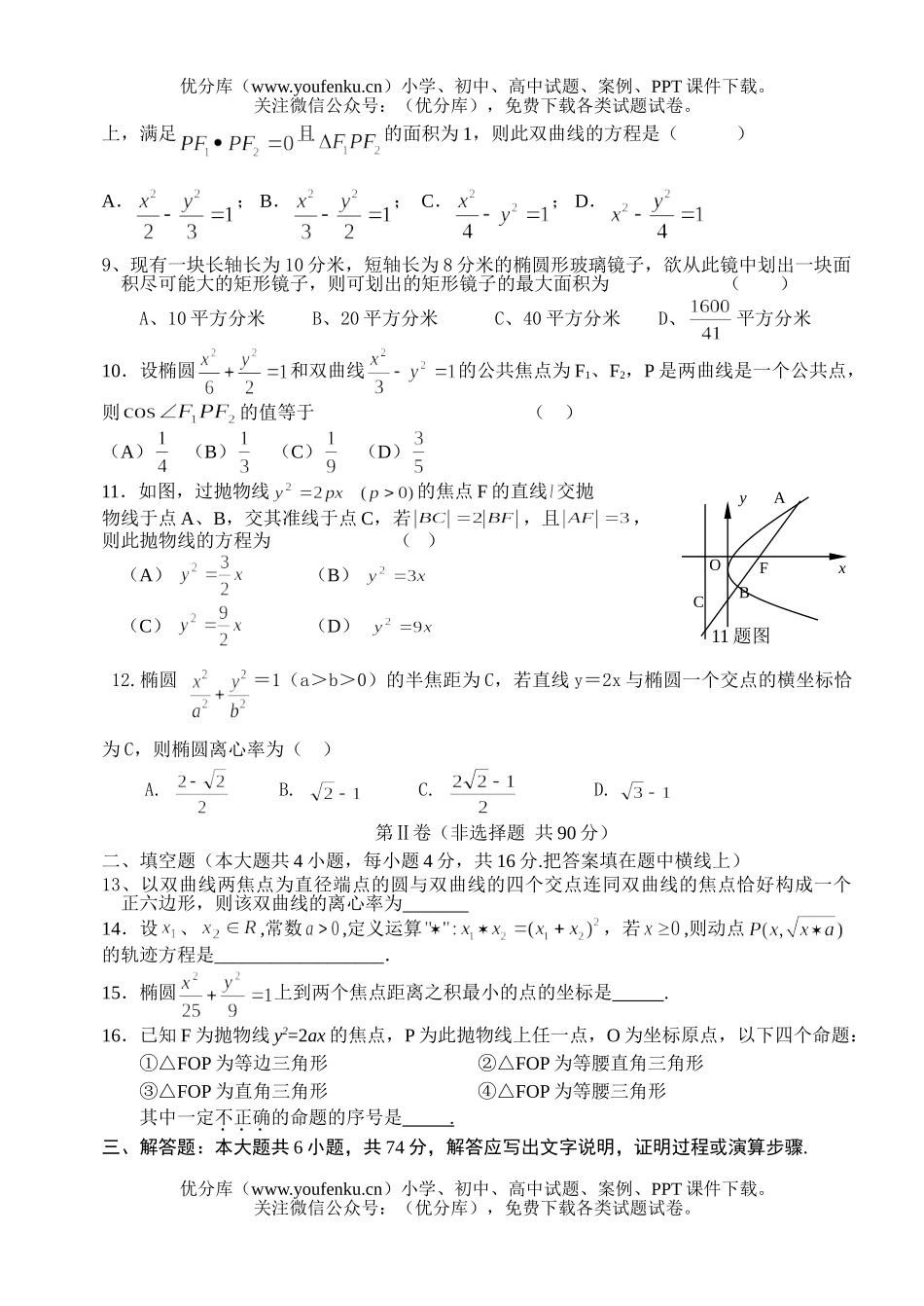 高中三年级数学补习班单元检测题-圆锥曲线试卷_第2页