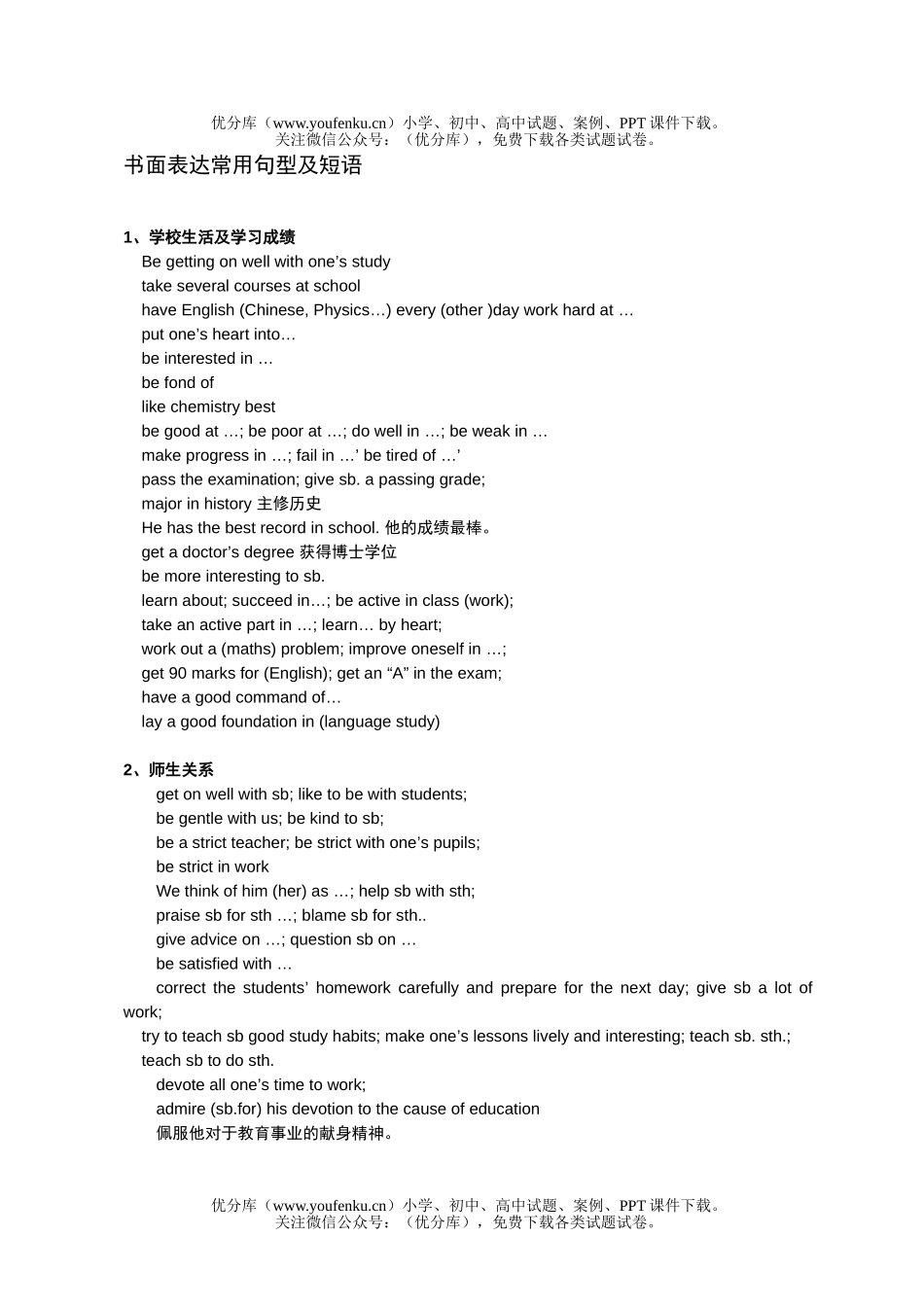 高中三年级英语书面表达常用句型及短语试卷_第1页
