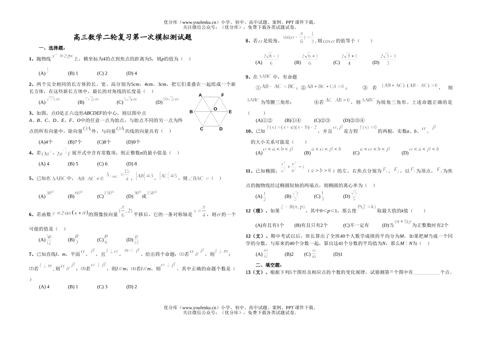 高中三年级数学二轮复习第一次模拟测试卷_第1页