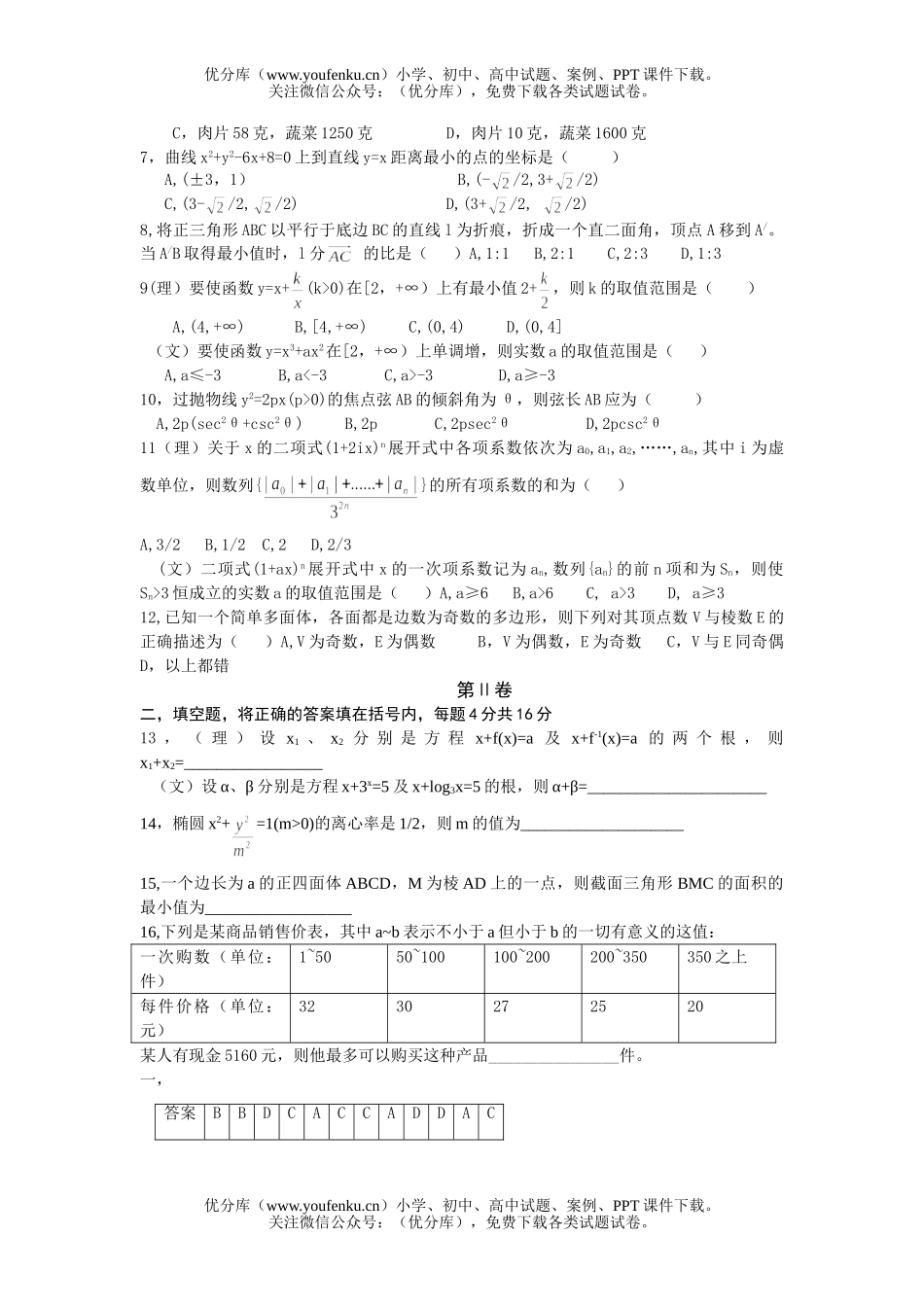 高中三年级数学选择填空题5试卷_第2页