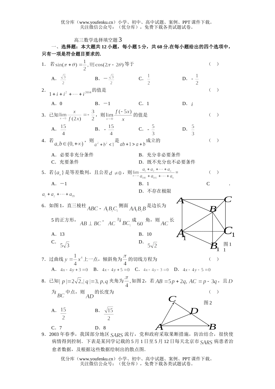 高中三年级数学选择填空题3试卷_第1页