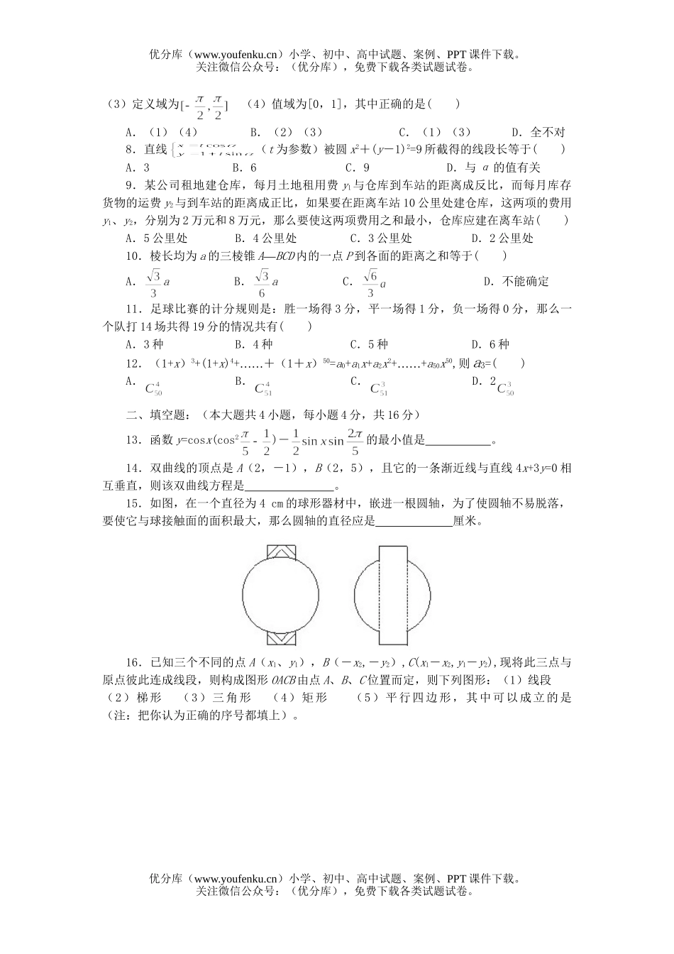高中三年级数学选择填空题强化训练3试卷_第2页