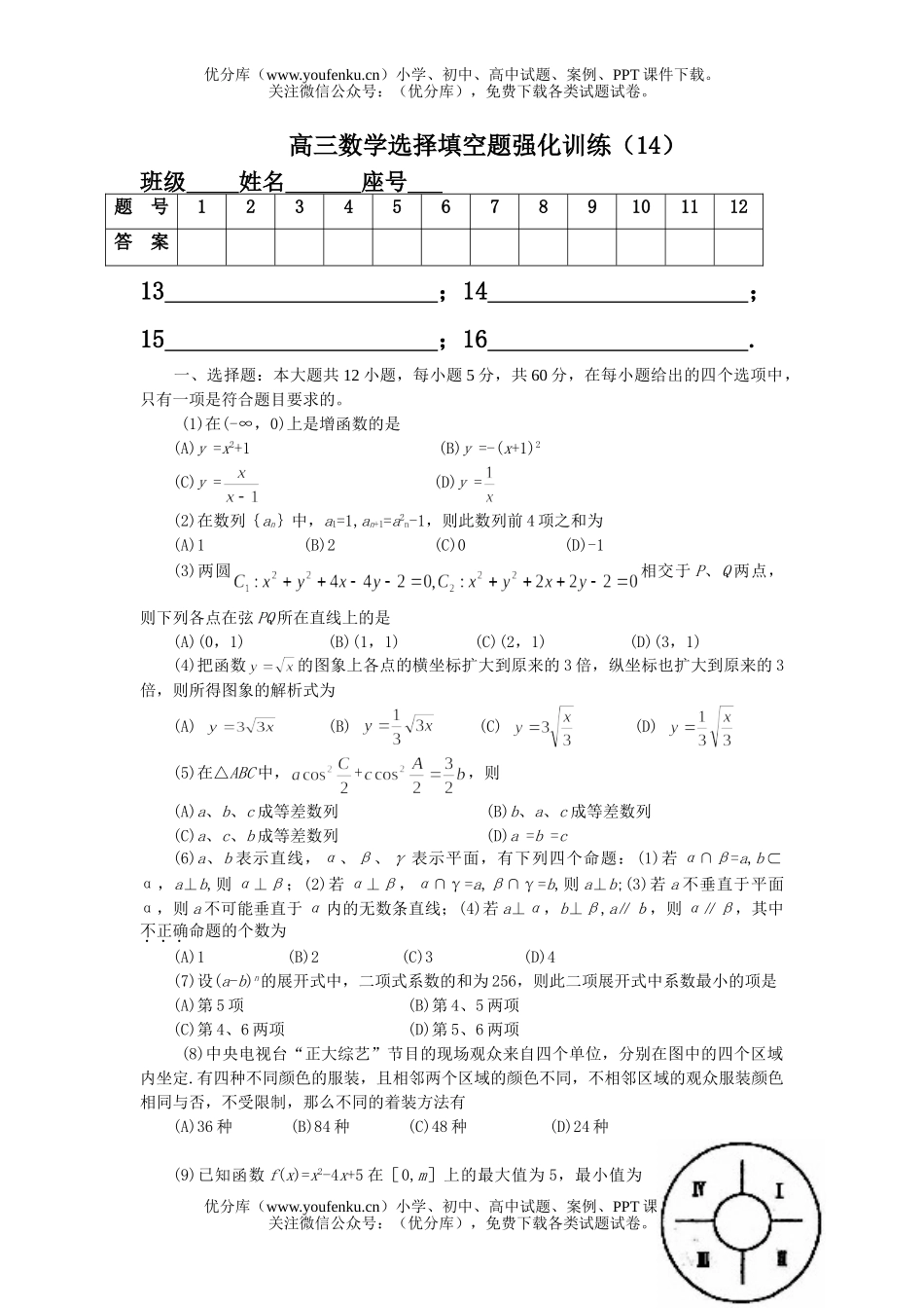 高中三年级数学选择填空题强化训练(14)试卷_第1页