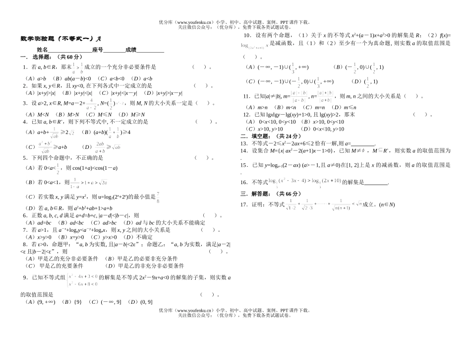 高中三年级数学测验题(不等式一)试卷_第1页